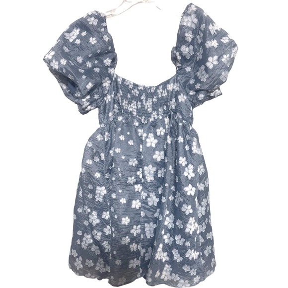 Storia Romantic Floral Babydoll Mini Dress Blue Puff Sleeve Cottage Medium - Picture 5 of 9